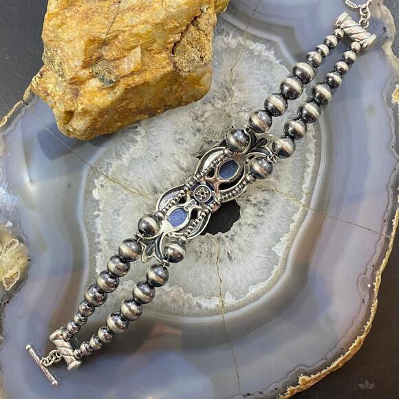 Carolyn Pollack Sterling Navajo Pearl Bead 3 Denim Lapis Link Bracelet For Women - Picture 9 of 10